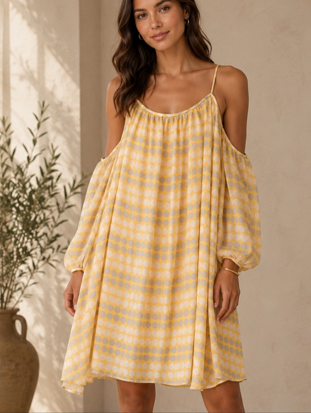 Tacera Yellow Polka Dot Cold-Shoulder Long Sleeve Dress